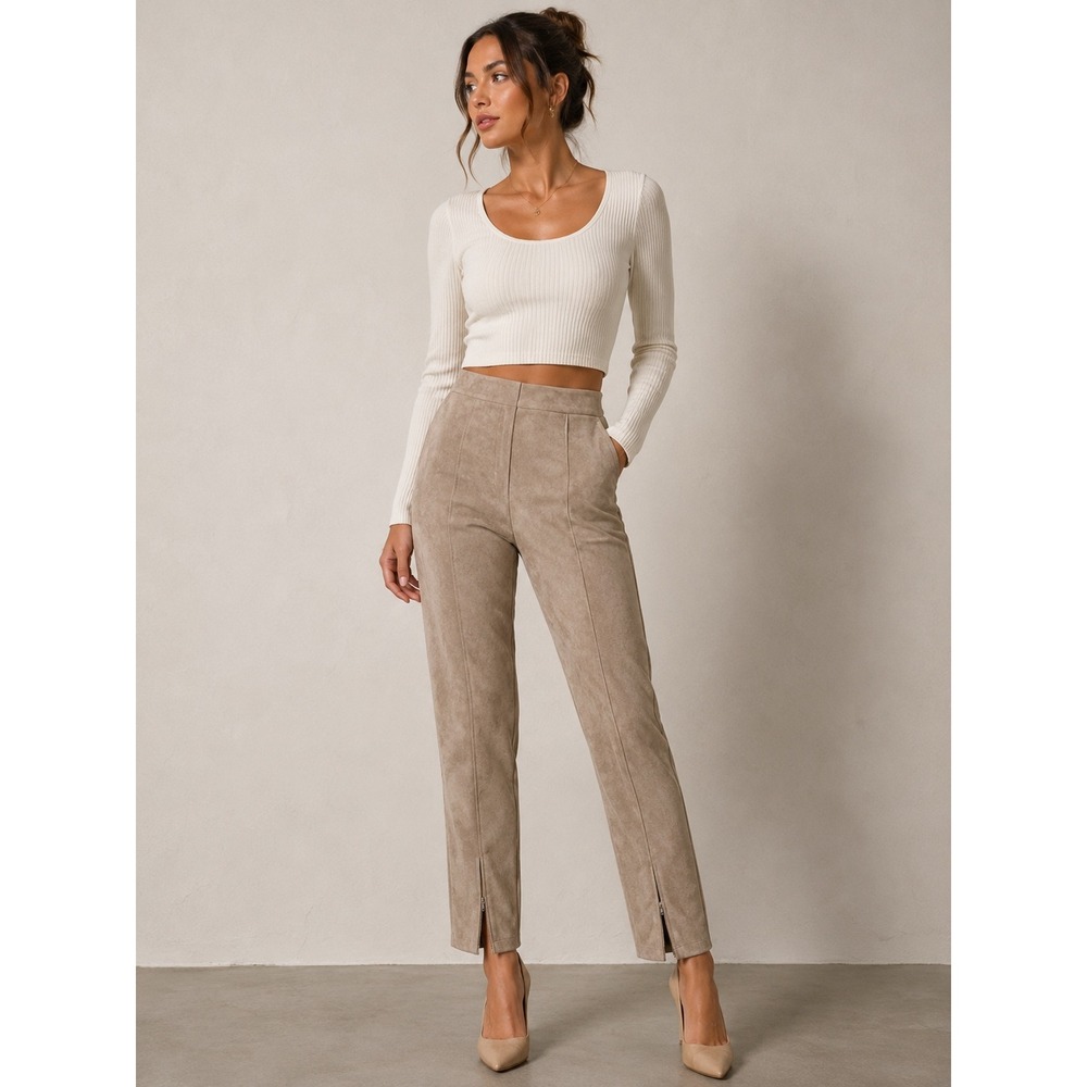 Zara Basic Faux Suede Leggings Tan Taupe High Waist Ankle Zip Pants Womens M |B1
